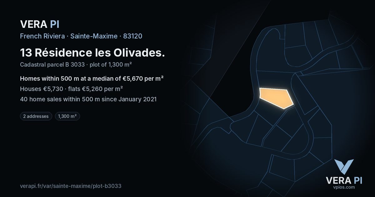 13 Résidence les Olivades, Sainte-Maxime at night – the plot lit, the parcels around coloured by the prices near them