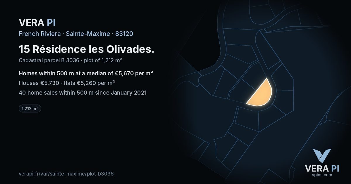 15 Résidence les Olivades, Sainte-Maxime at night – the plot lit, the parcels around coloured by the prices near them