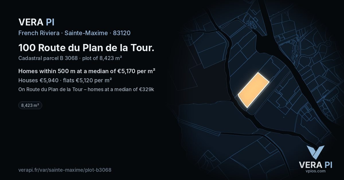 100 Route du Plan de la Tour, Sainte-Maxime at night – the plot lit, the parcels around coloured by the prices near them