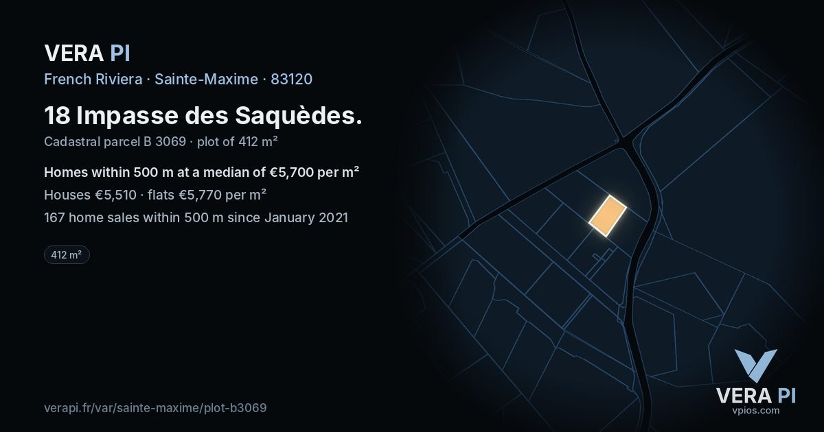 18 Impasse des Saquèdes, Sainte-Maxime at night – the plot lit, the parcels around coloured by the prices near them