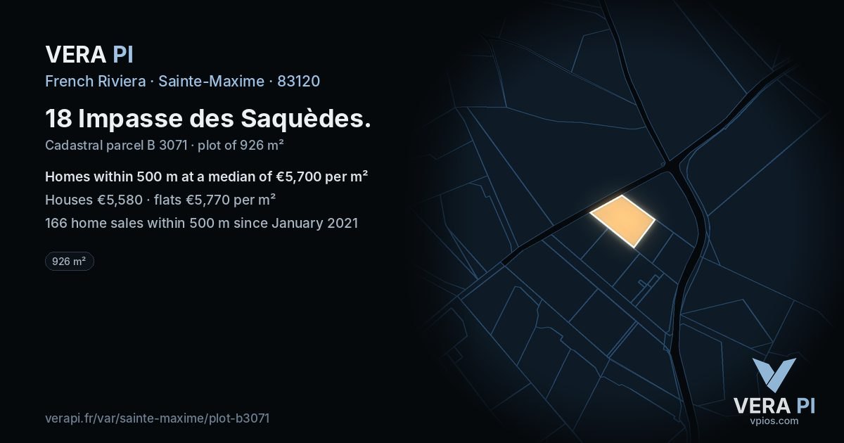 18 Impasse des Saquèdes, Sainte-Maxime at night – the plot lit, the parcels around coloured by the prices near them