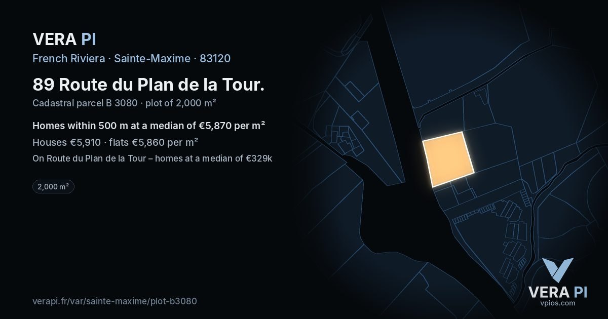89 Route du Plan de la Tour, Sainte-Maxime at night – the plot lit, the parcels around coloured by the prices near them