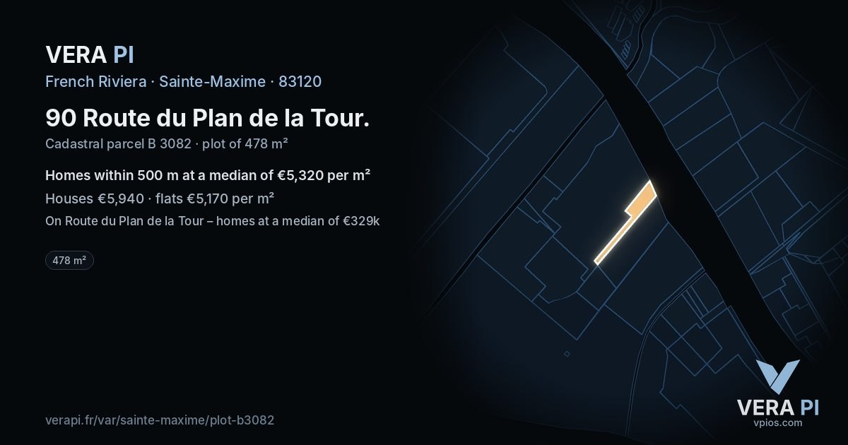 90 Route du Plan de la Tour, Sainte-Maxime at night – the plot lit, the parcels around coloured by the prices near them
