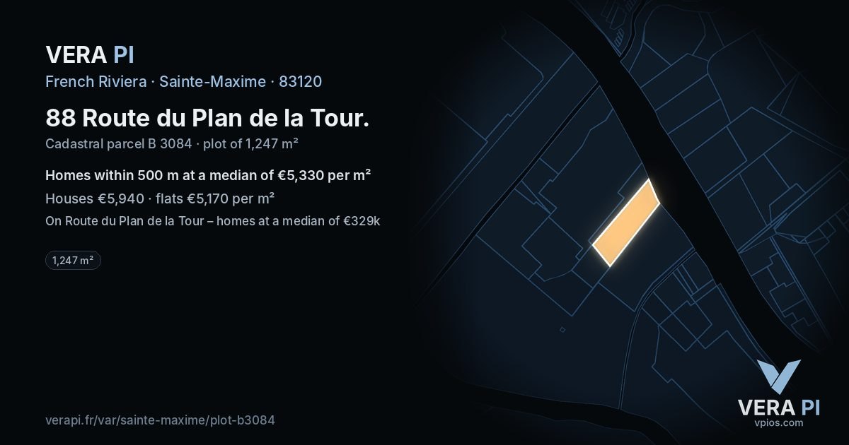 88 Route du Plan de la Tour, Sainte-Maxime at night – the plot lit, the parcels around coloured by the prices near them