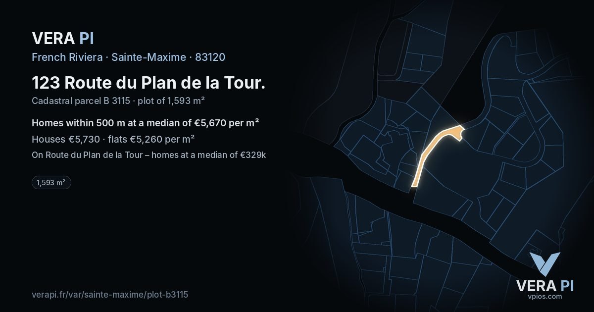 123 Route du Plan de la Tour, Sainte-Maxime at night – the plot lit, the parcels around coloured by the prices near them