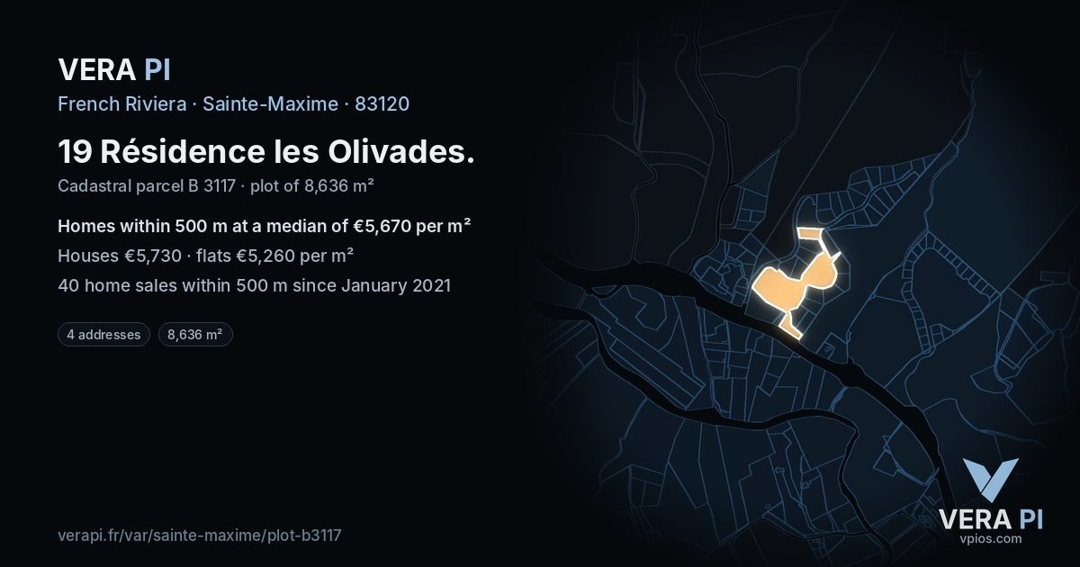 19 Résidence les Olivades, Sainte-Maxime at night – the plot lit, the parcels around coloured by the prices near them