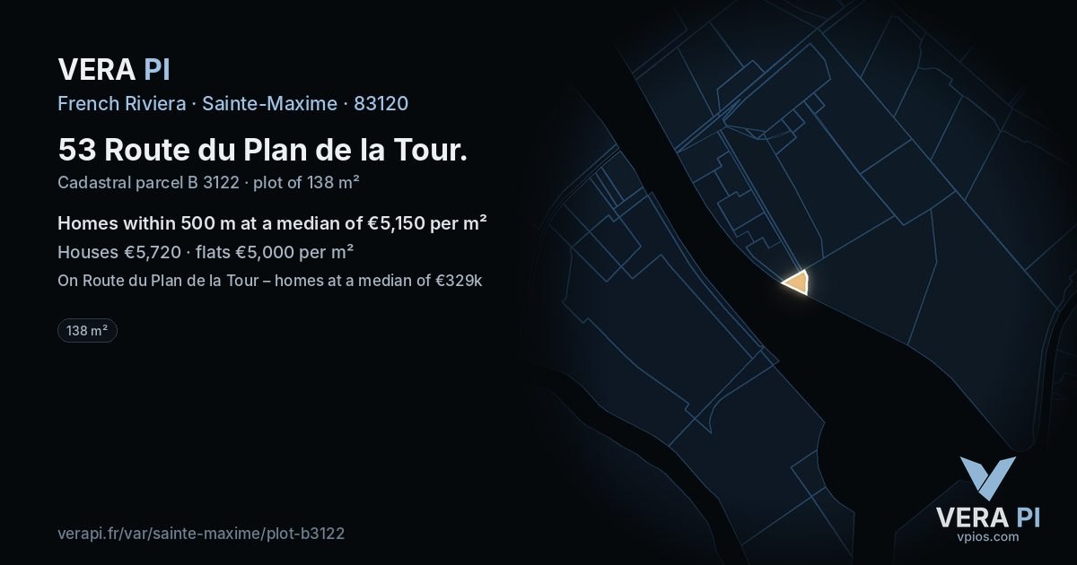 53 Route du Plan de la Tour, Sainte-Maxime at night – the plot lit, the parcels around coloured by the prices near them