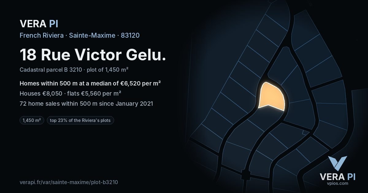 18 Rue Victor Gelu, Sainte-Maxime at night – the plot lit, the parcels around coloured by the prices near them