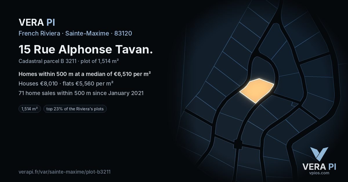 15 Rue Alphonse Tavan, Sainte-Maxime at night – the plot lit, the parcels around coloured by the prices near them