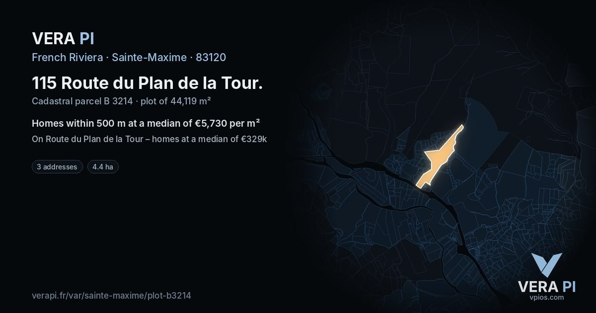 115 Route du Plan de la Tour, Sainte-Maxime at night – the plot lit, the parcels around coloured by the prices near them