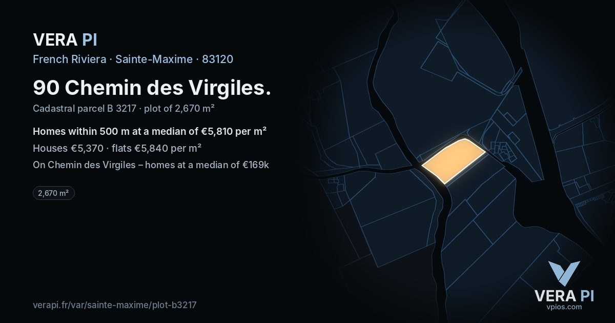 90 Chemin des Virgiles, Sainte-Maxime at night – the plot lit, the parcels around coloured by the prices near them