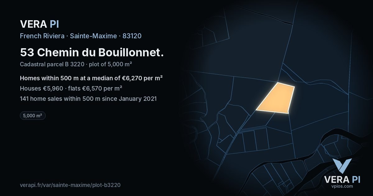 53 Chemin du Bouillonnet, Sainte-Maxime at night – the plot lit, the parcels around coloured by the prices near them