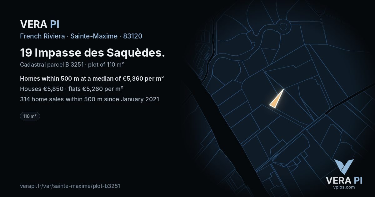 19 Impasse des Saquèdes, Sainte-Maxime at night – the plot lit, the parcels around coloured by the prices near them