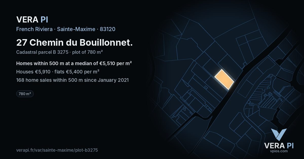 27 Chemin du Bouillonnet, Sainte-Maxime at night – the plot lit, the parcels around coloured by the prices near them