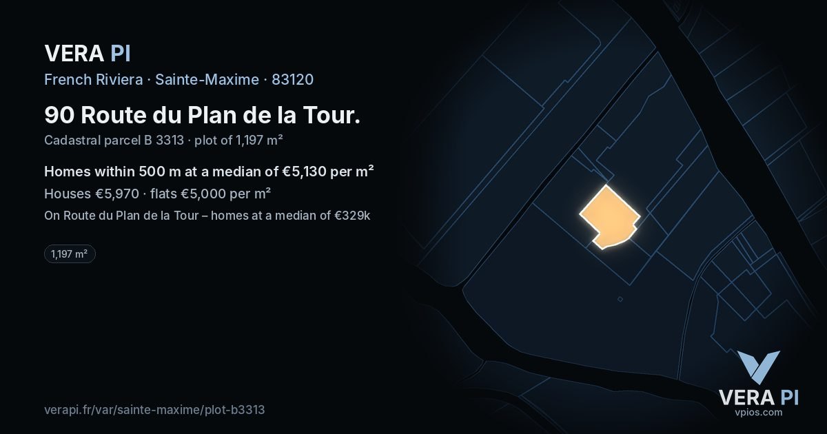 90 Route du Plan de la Tour, Sainte-Maxime at night – the plot lit, the parcels around coloured by the prices near them