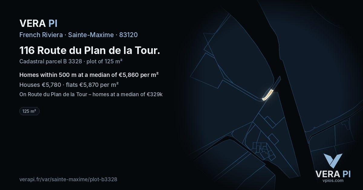 116 Route du Plan de la Tour, Sainte-Maxime at night – the plot lit, the parcels around coloured by the prices near them