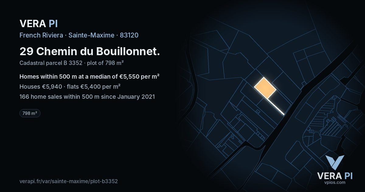 29 Chemin du Bouillonnet, Sainte-Maxime at night – the plot lit, the parcels around coloured by the prices near them