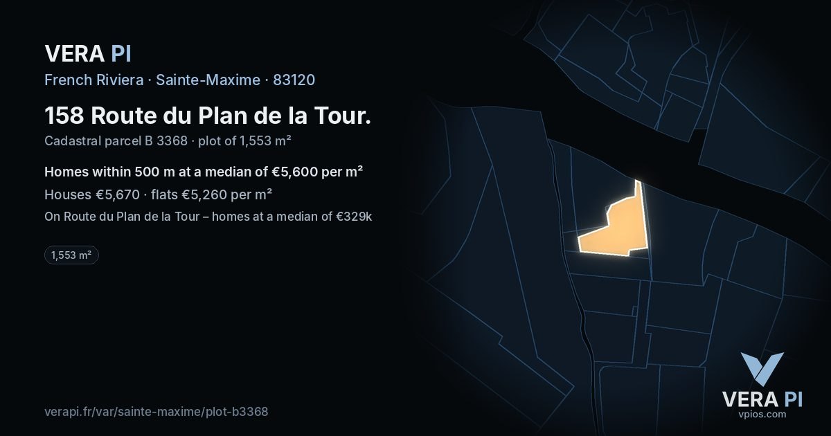 158 Route du Plan de la Tour, Sainte-Maxime at night – the plot lit, the parcels around coloured by the prices near them