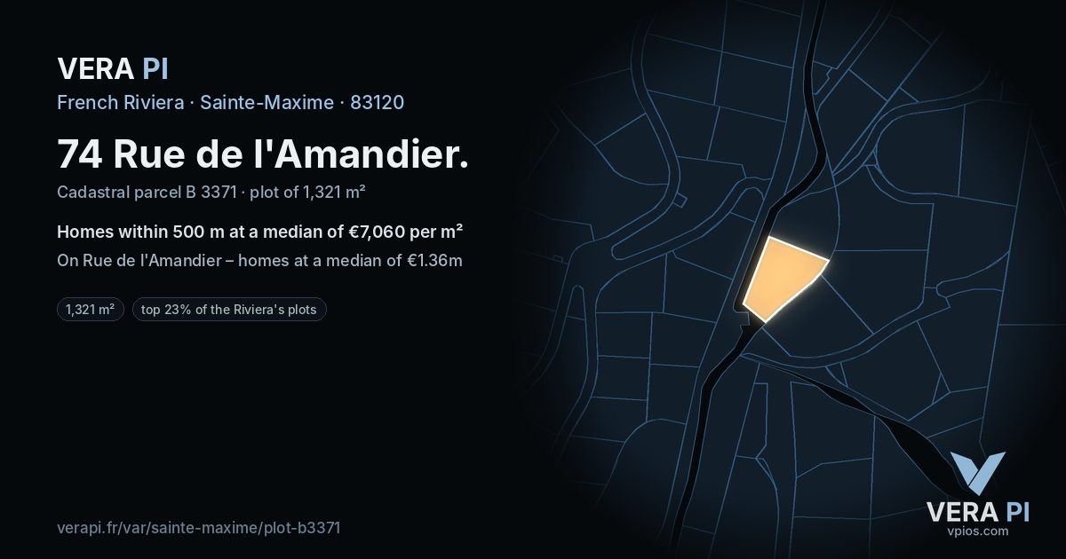 74 Rue de l'Amandier, Sainte-Maxime at night – the plot lit, the parcels around coloured by the prices near them