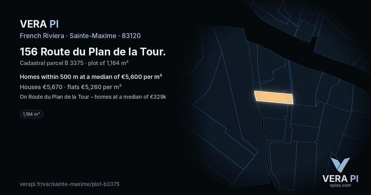 156 Route du Plan de la Tour, Sainte-Maxime at night – the plot lit, the parcels around coloured by the prices near them