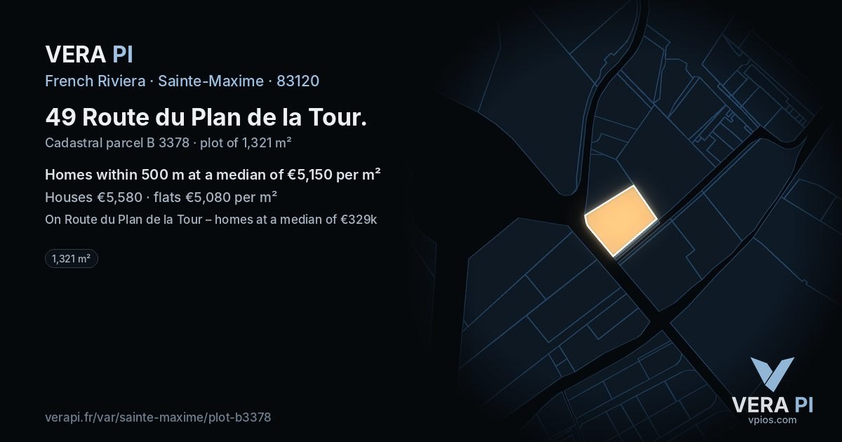 49 Route du Plan de la Tour, Sainte-Maxime at night – the plot lit, the parcels around coloured by the prices near them