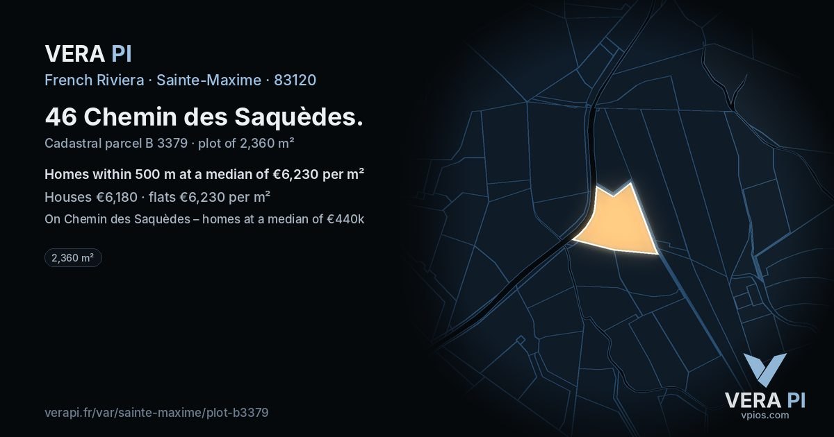 46 Chemin des Saquèdes, Sainte-Maxime at night – the plot lit, the parcels around coloured by the prices near them