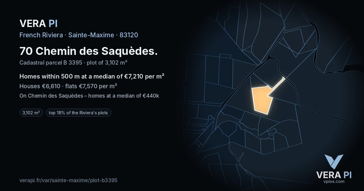 70 Chemin des Saquèdes, Sainte-Maxime at night – the plot lit, the parcels around coloured by the prices near them