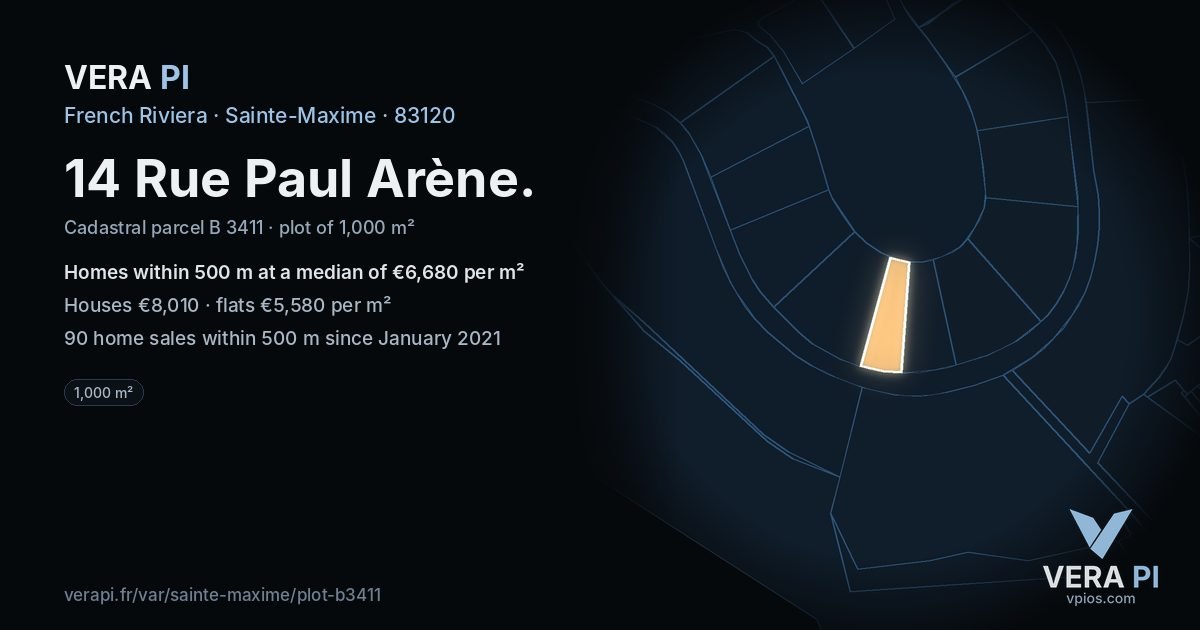 14 Rue Paul Arène, Sainte-Maxime at night – the plot lit, the parcels around coloured by the prices near them