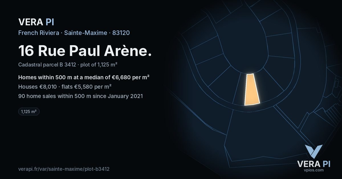 16 Rue Paul Arène, Sainte-Maxime at night – the plot lit, the parcels around coloured by the prices near them