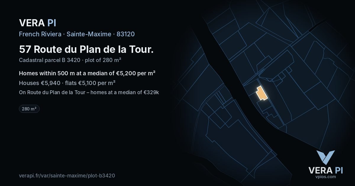 57 Route du Plan de la Tour, Sainte-Maxime at night – the plot lit, the parcels around coloured by the prices near them