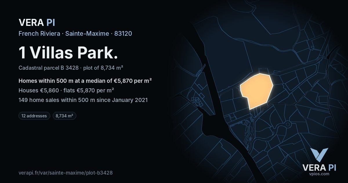 1 Villas Park, Sainte-Maxime at night – the plot lit, the parcels around coloured by the prices near them