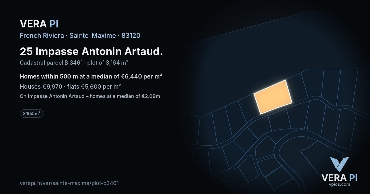 25 Impasse Antonin Artaud, Sainte-Maxime at night – the plot lit, the parcels around coloured by the prices near them