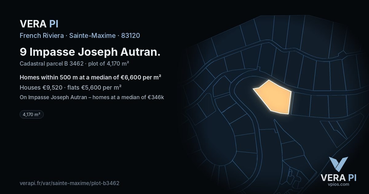 9 Impasse Joseph Autran, Sainte-Maxime at night – the plot lit, the parcels around coloured by the prices near them