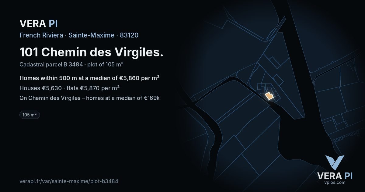 101 Chemin des Virgiles, Sainte-Maxime at night – the plot lit, the parcels around coloured by the prices near them