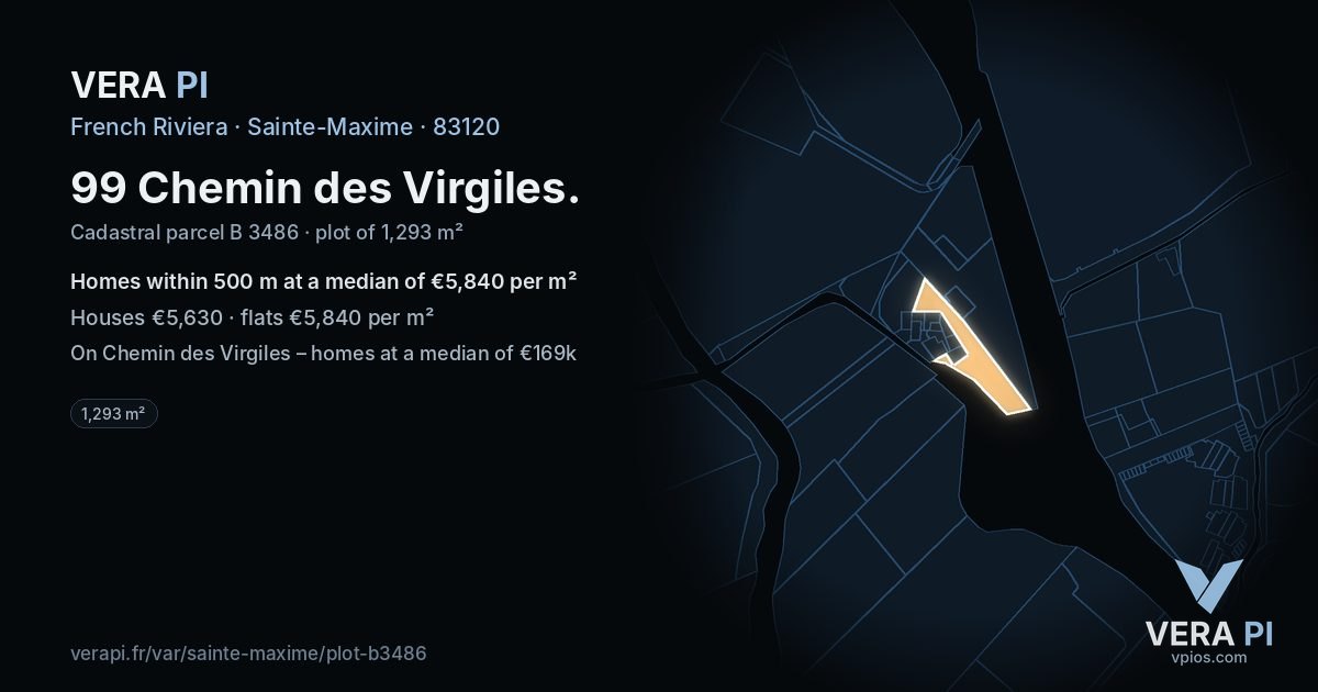 99 Chemin des Virgiles, Sainte-Maxime at night – the plot lit, the parcels around coloured by the prices near them