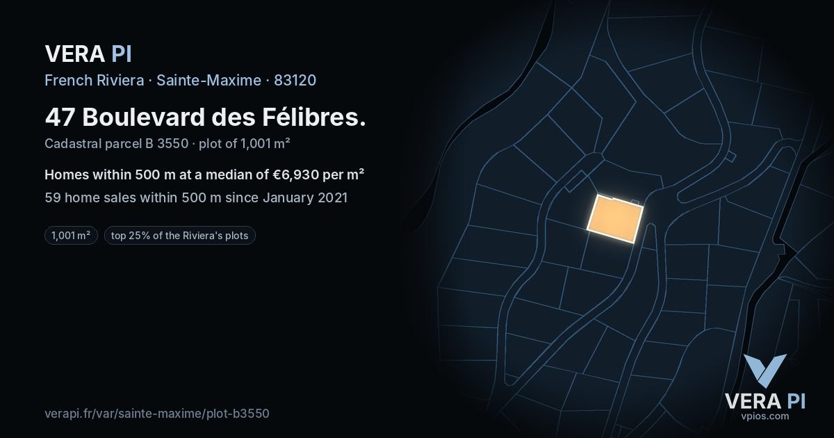 47 Boulevard des Félibres, Sainte-Maxime at night – the plot lit, the parcels around coloured by the prices near them