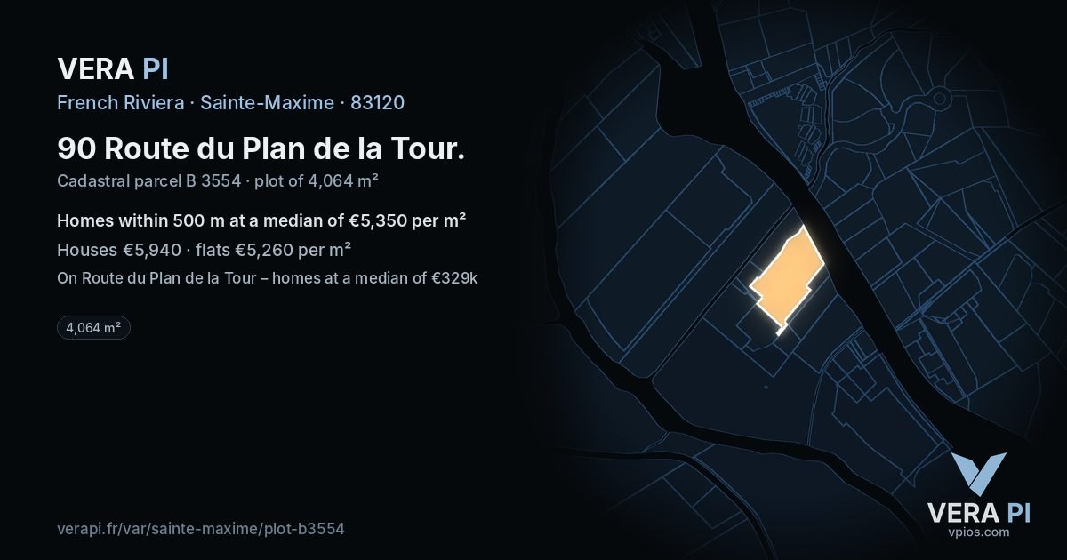 90 Route du Plan de la Tour, Sainte-Maxime at night – the plot lit, the parcels around coloured by the prices near them