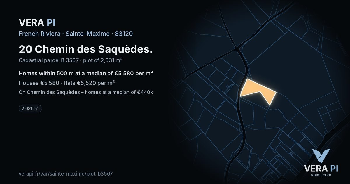 20 Chemin des Saquèdes, Sainte-Maxime at night – the plot lit, the parcels around coloured by the prices near them