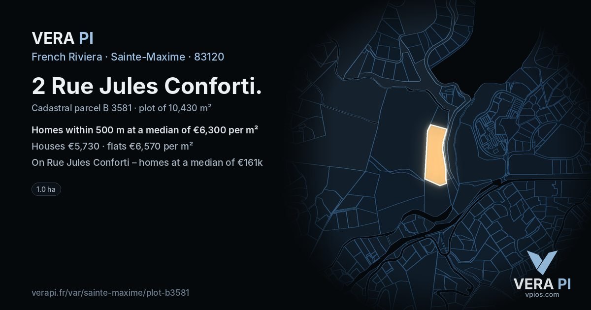 2 Rue Jules Conforti, Sainte-Maxime at night – the plot lit, the parcels around coloured by the prices near them