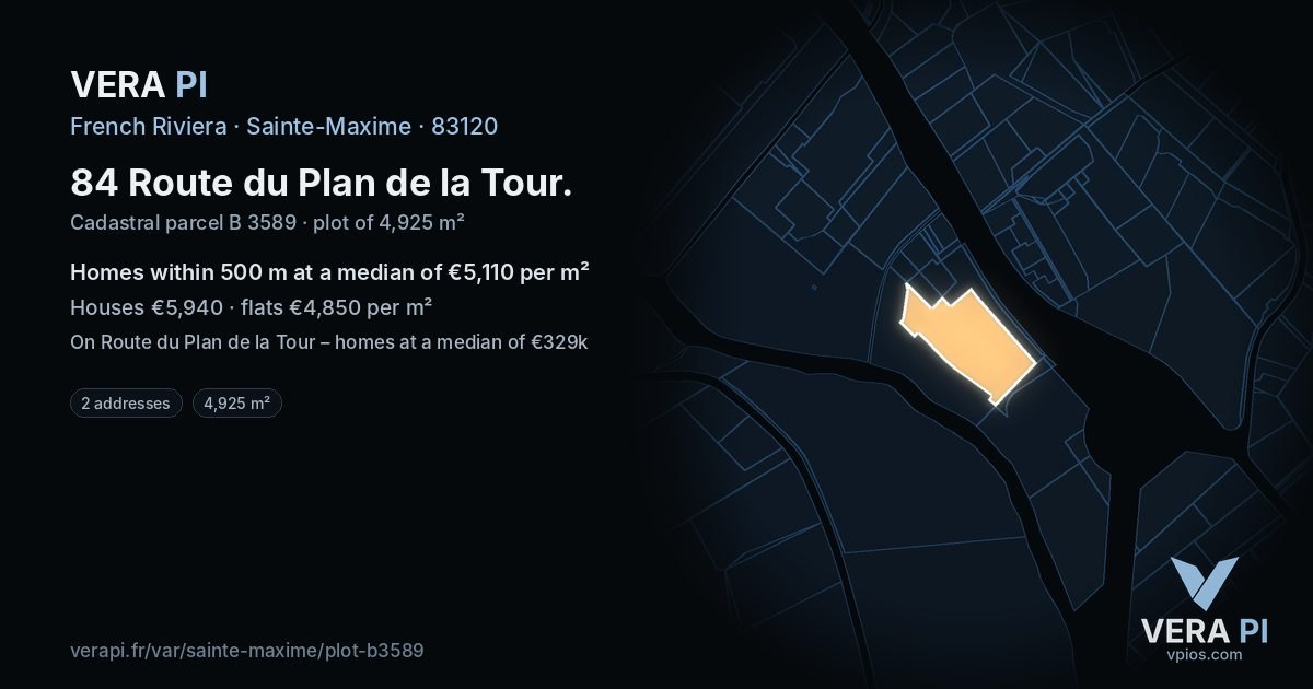 84 Route du Plan de la Tour, Sainte-Maxime at night – the plot lit, the parcels around coloured by the prices near them