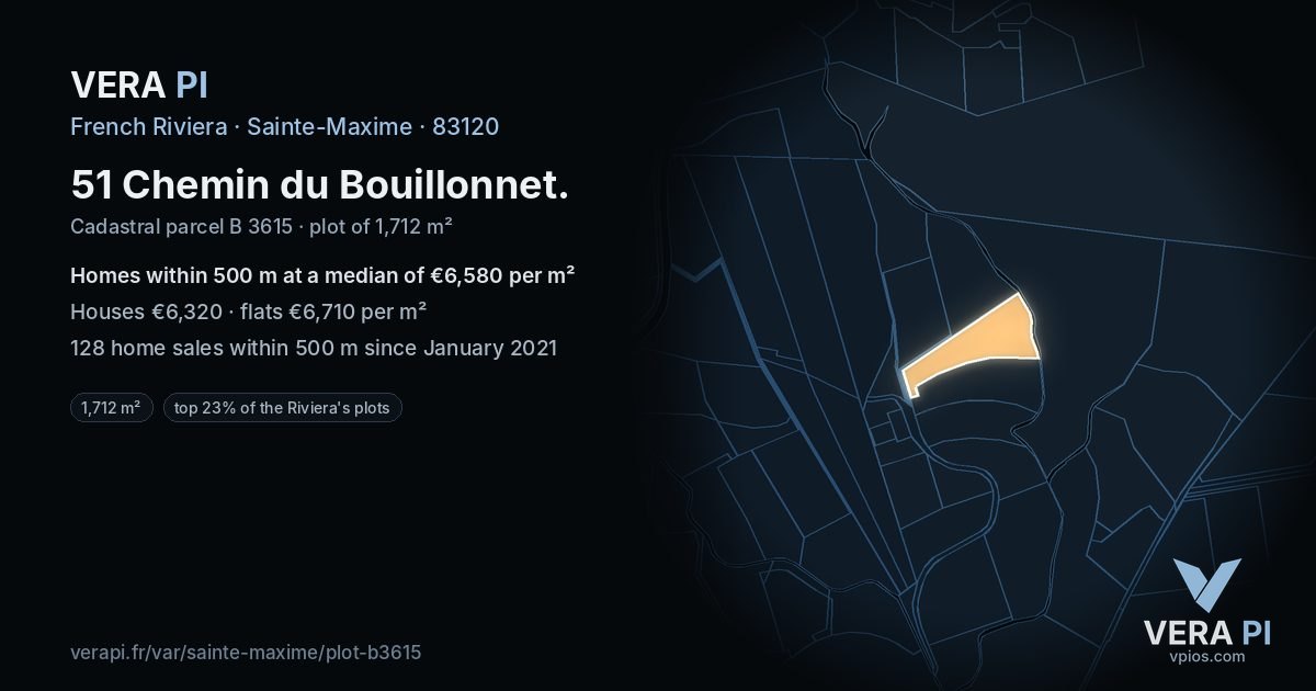 51 Chemin du Bouillonnet, Sainte-Maxime at night – the plot lit, the parcels around coloured by the prices near them
