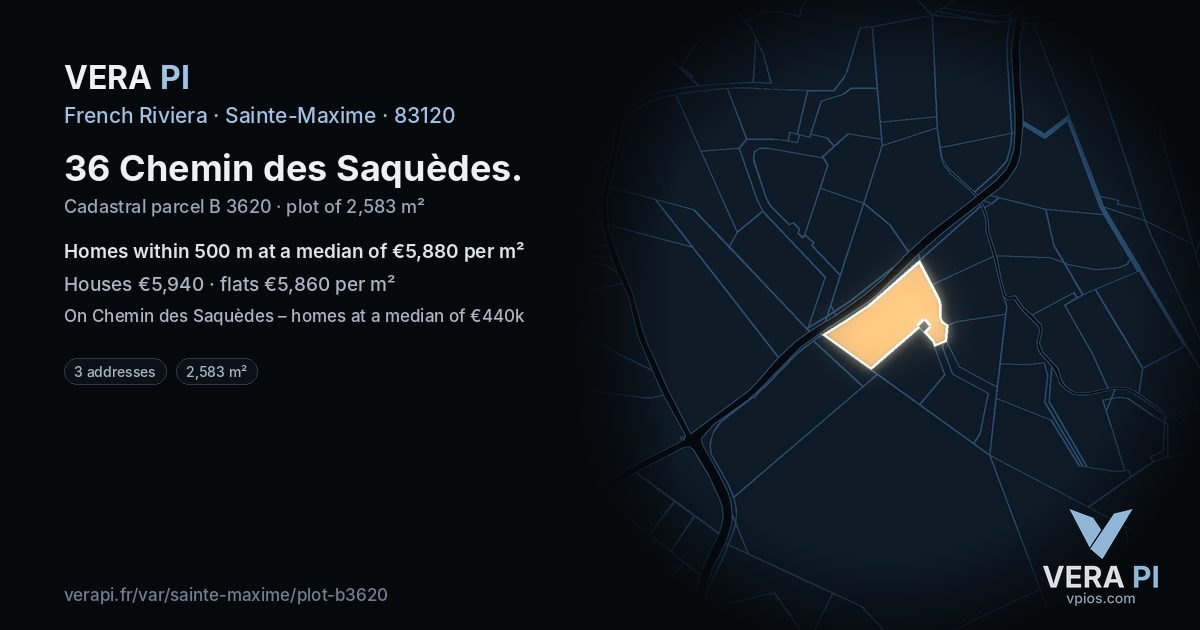 36 Chemin des Saquèdes, Sainte-Maxime at night – the plot lit, the parcels around coloured by the prices near them
