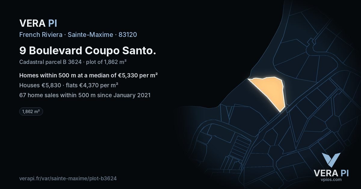 9 Boulevard Coupo Santo, Sainte-Maxime at night – the plot lit, the parcels around coloured by the prices near them