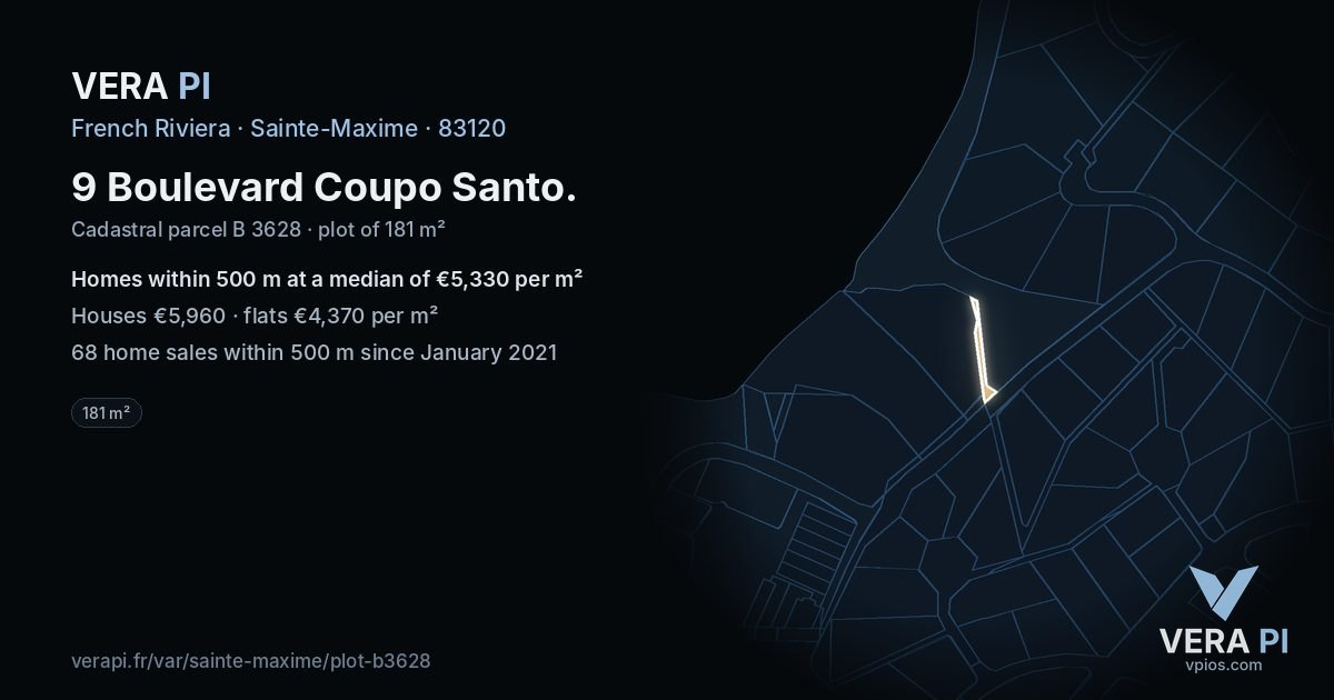 9 Boulevard Coupo Santo, Sainte-Maxime at night – the plot lit, the parcels around coloured by the prices near them