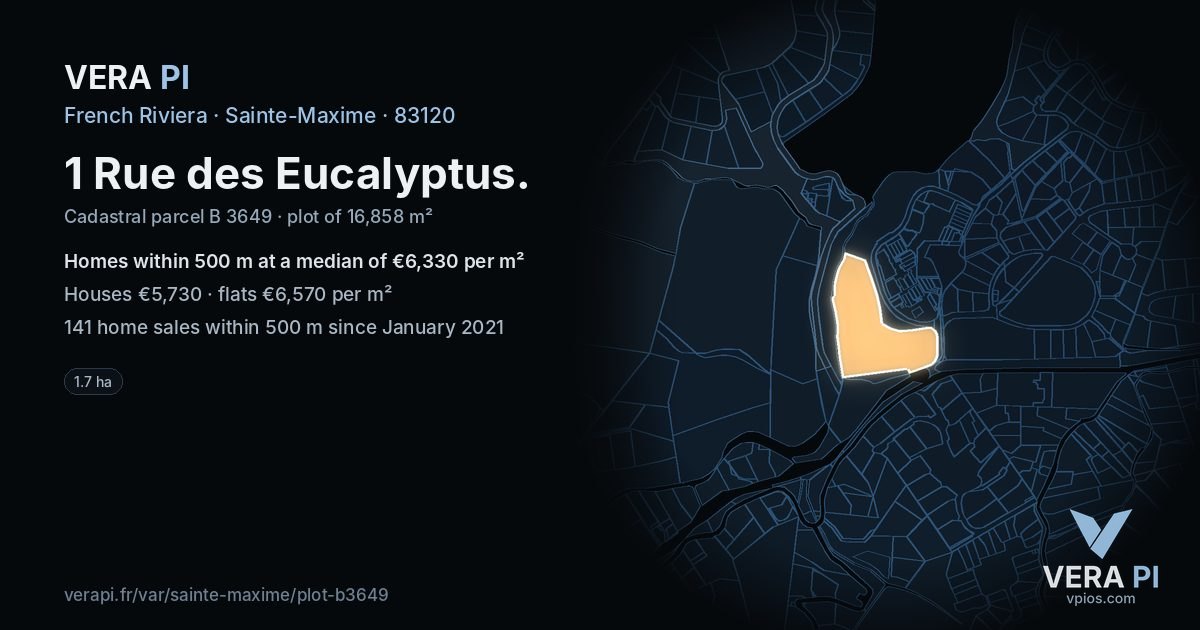 1 Rue des Eucalyptus, Sainte-Maxime at night – the plot lit, the parcels around coloured by the prices near them