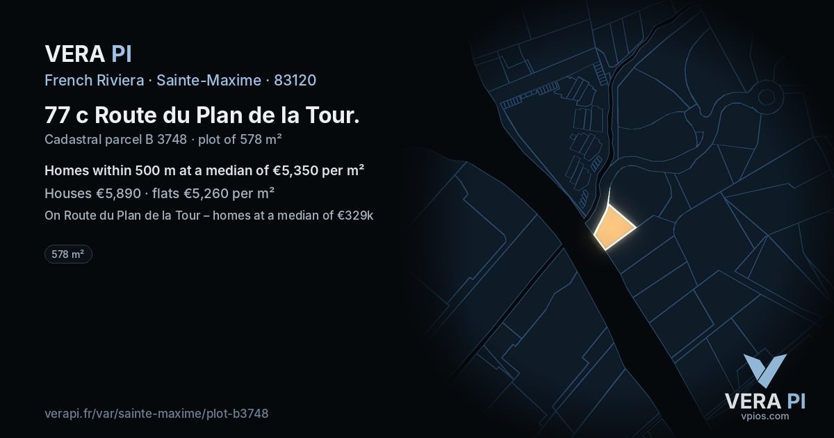 77 c Route du Plan de la Tour, Sainte-Maxime at night – the plot lit, the parcels around coloured by the prices near them
