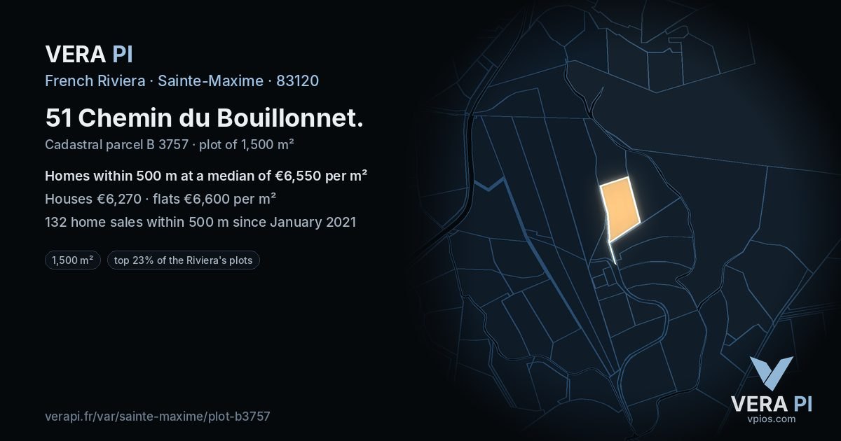 51 Chemin du Bouillonnet, Sainte-Maxime at night – the plot lit, the parcels around coloured by the prices near them