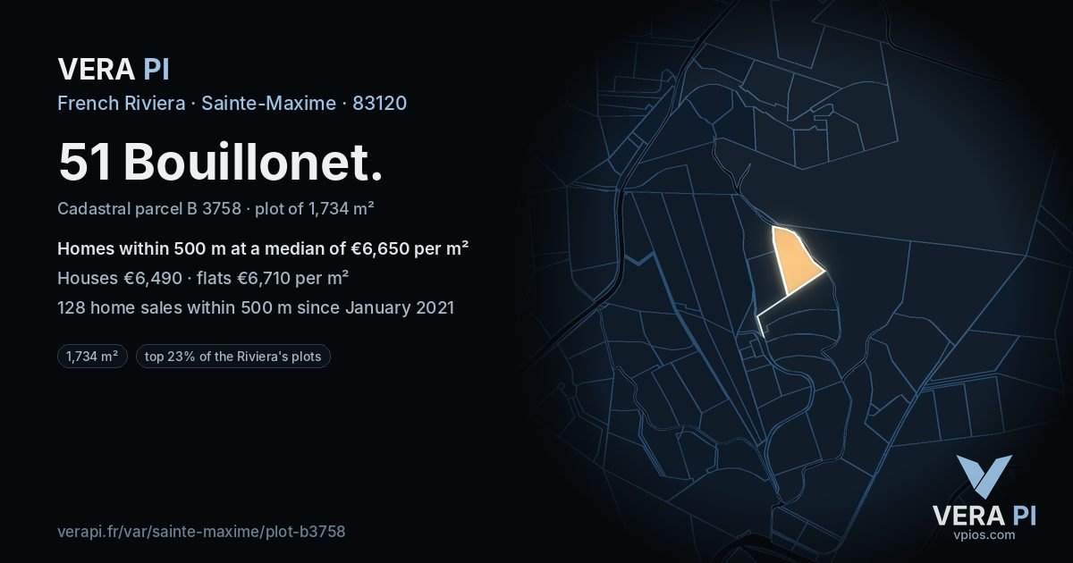 51 Bouillonet, Sainte-Maxime at night – the plot lit, the parcels around coloured by the prices near them