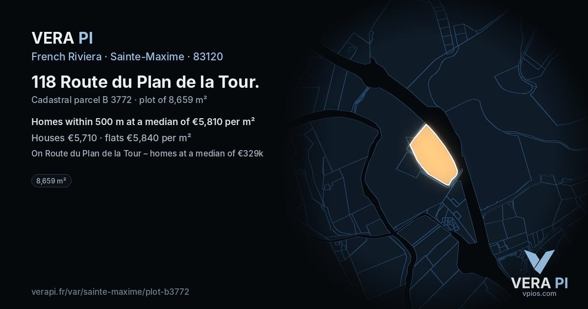 118 Route du Plan de la Tour, Sainte-Maxime at night – the plot lit, the parcels around coloured by the prices near them