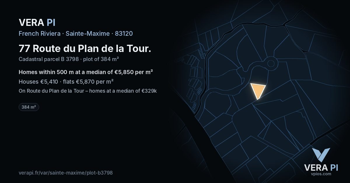 77 Route du Plan de la Tour, Sainte-Maxime at night – the plot lit, the parcels around coloured by the prices near them